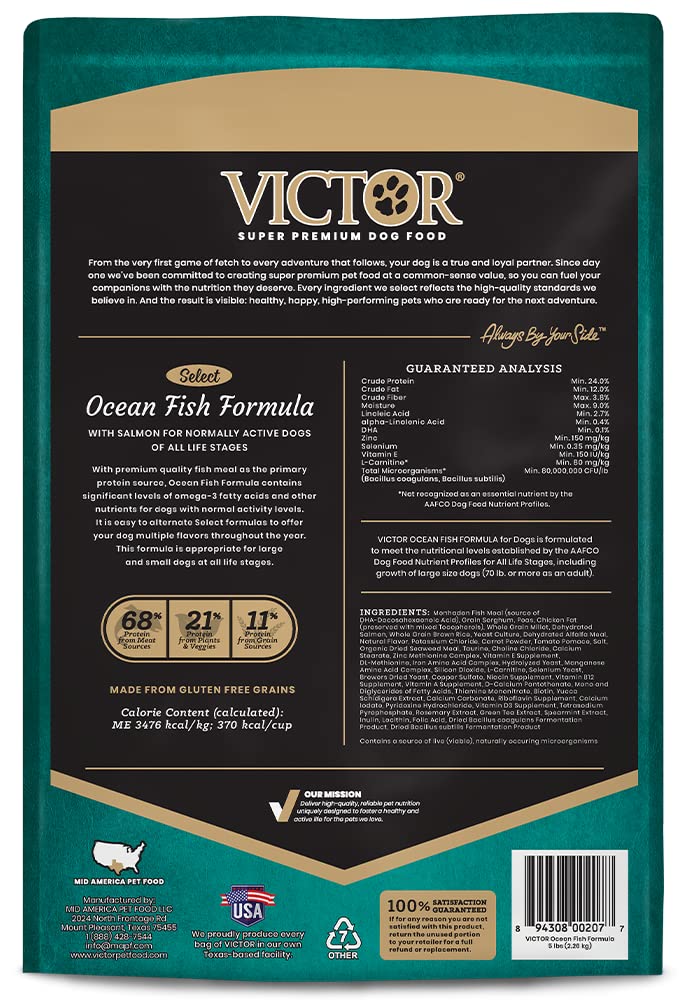 VICTOR Select Ocean Fish dry kibble close-up with gluten-free grains for digestion