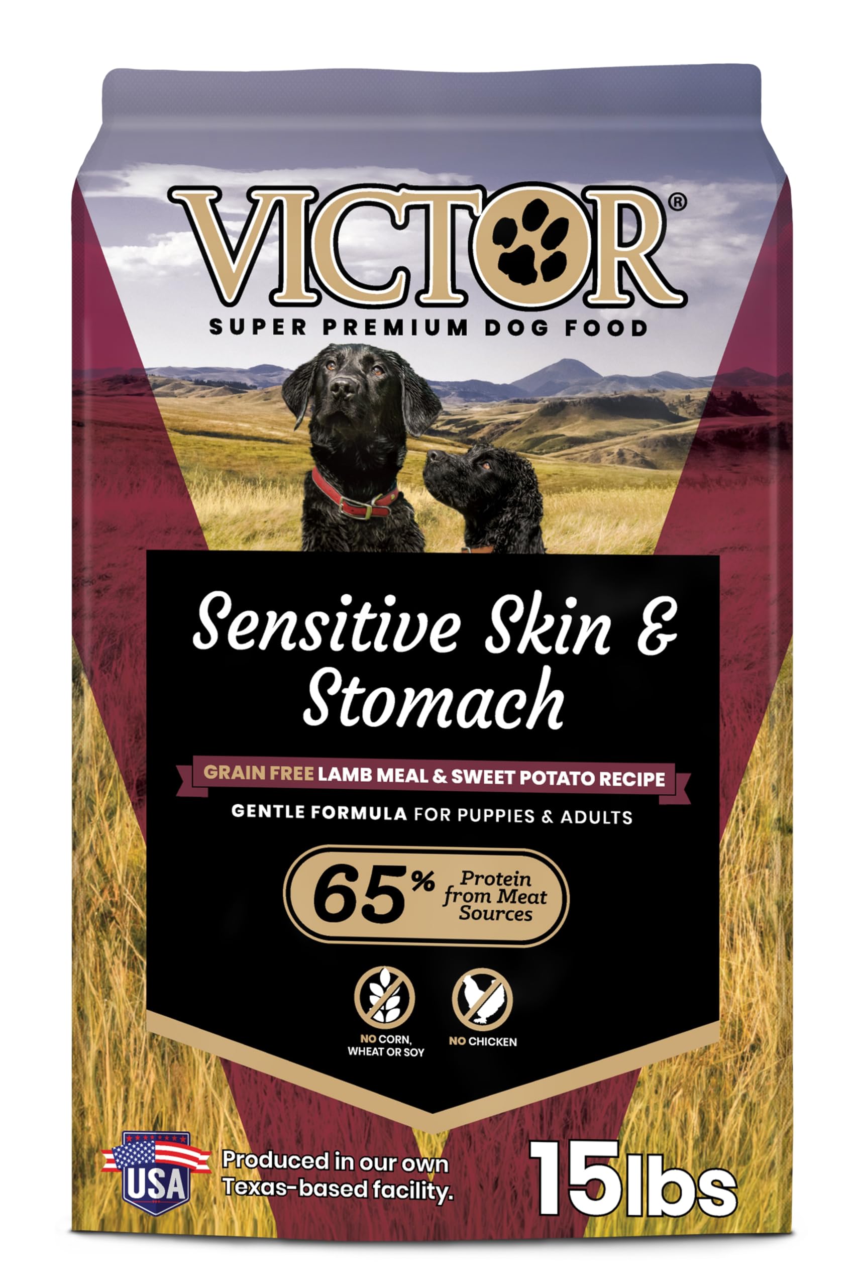 VICTOR Sensitive Skin and Stomach bag front highlighting grain-free formula for sensitive dogs