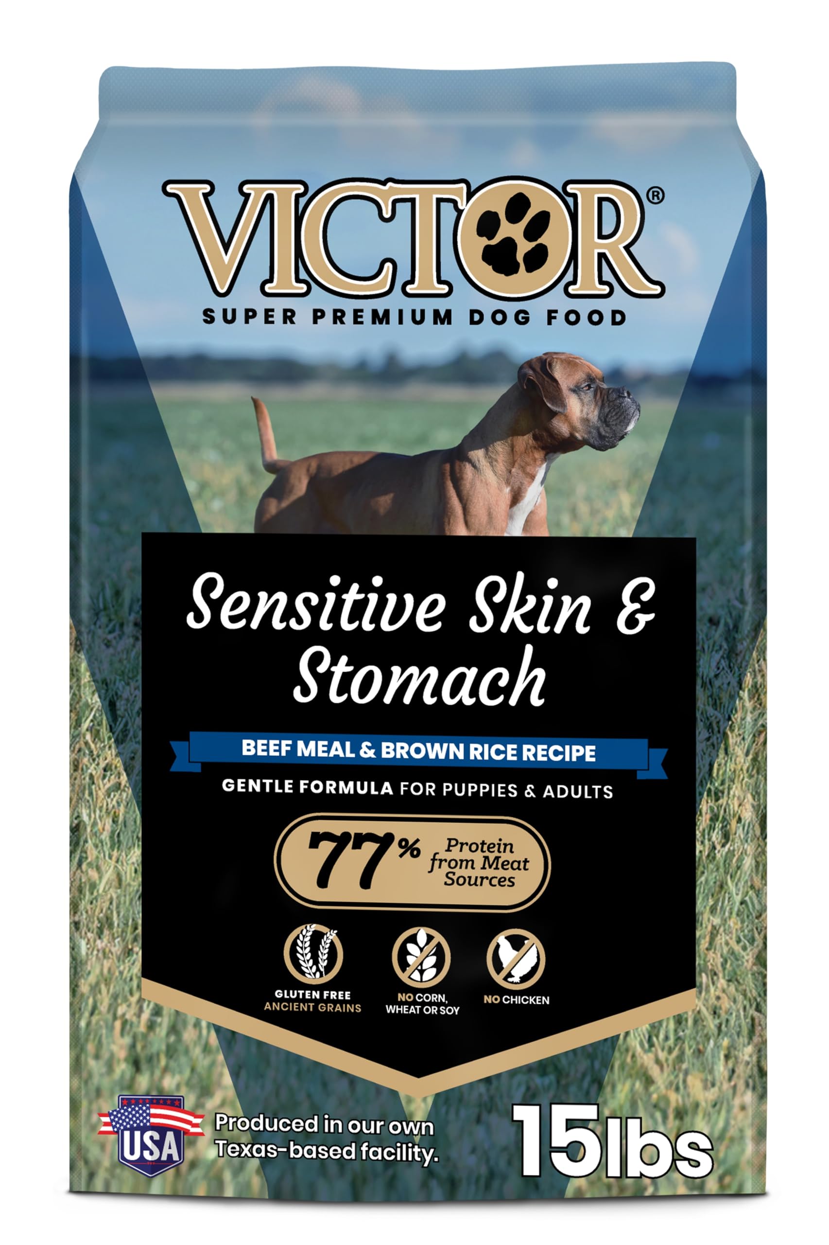 VICTOR Sensitive Skin and Stomach bag front shows gluten-free formula for sensitive dogs.