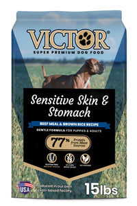 VICTOR Sensitive Skin and Stomach bag front shows gluten-free formula for sensitive dogs.