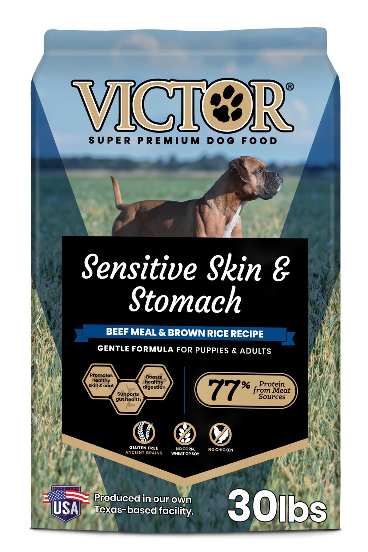 VICTOR Sensitive Skin and Stomach beef meal brown rice bag indicates digestibility and allergen-friendly formula