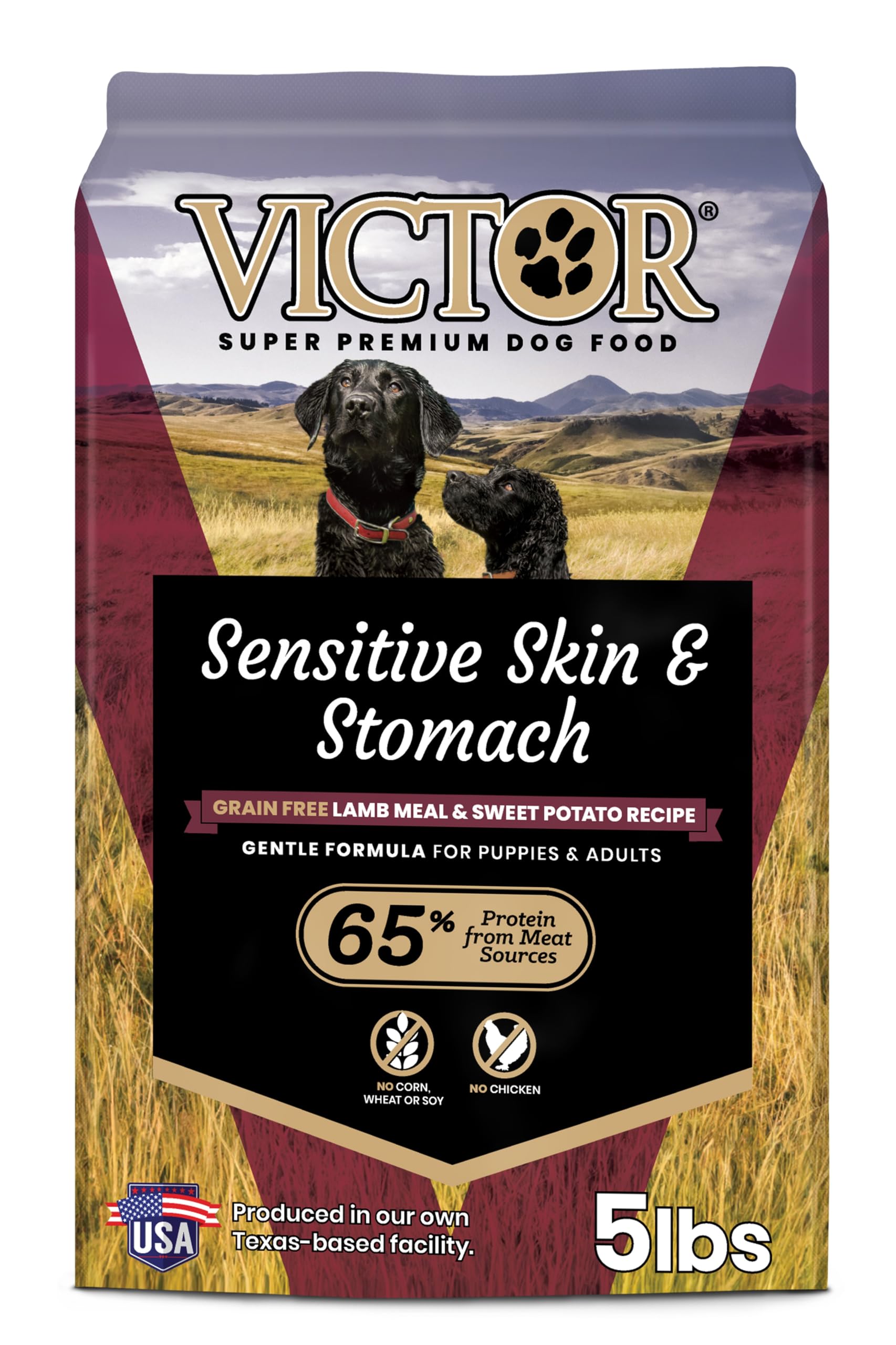 VICTOR Sensitive Skin and Stomach kibble bag with grain-free formula supporting gentle digestion.