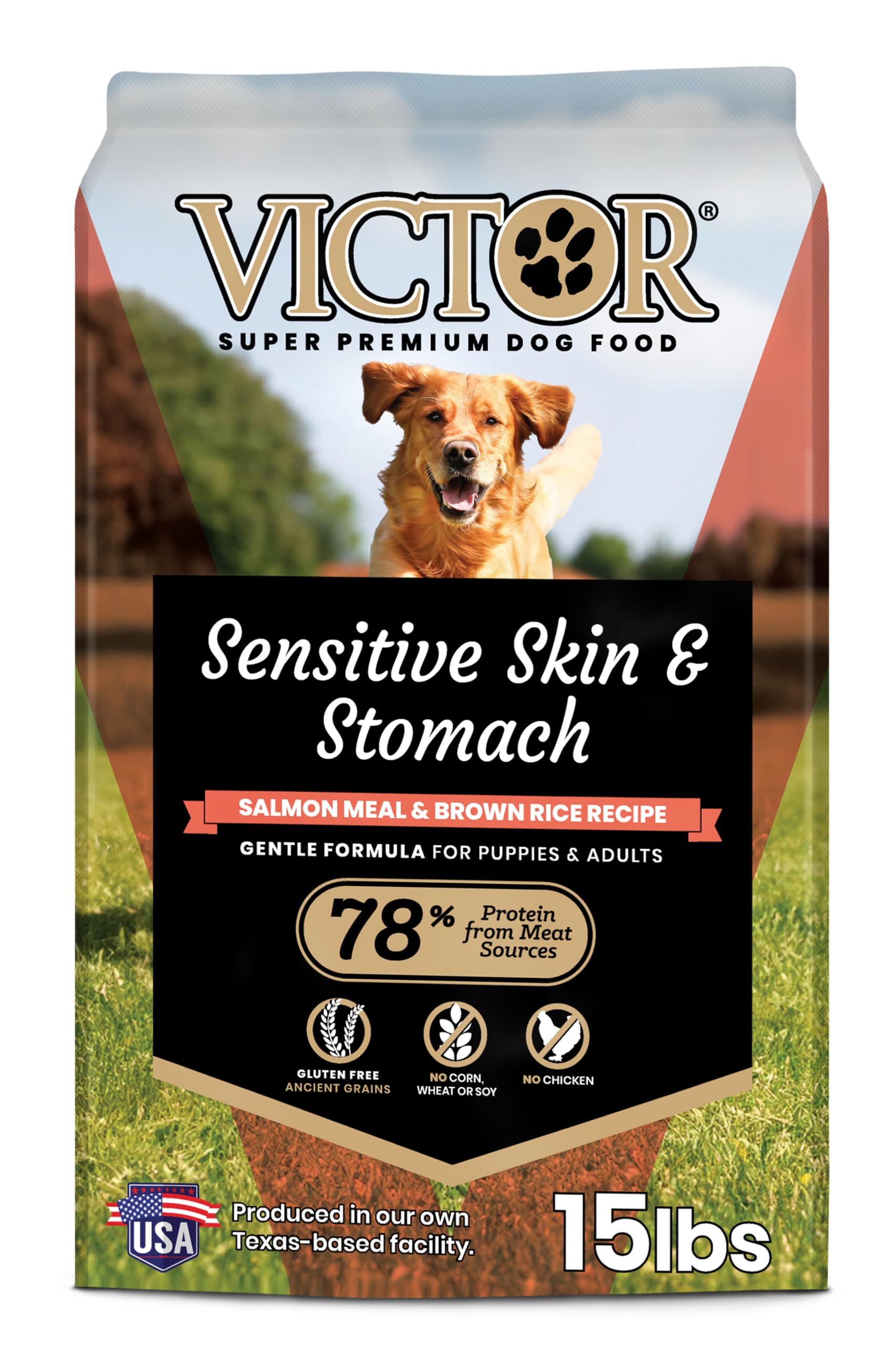 VICTOR Sensitive Skin dog food bag with gluten-free salmon meal and brown rice.