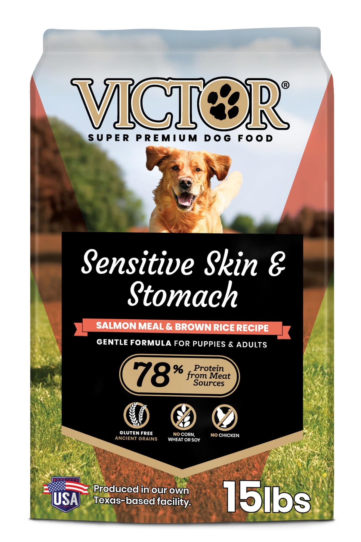 VICTOR Sensitive Skin dog food bag with gluten-free salmon meal and brown rice.