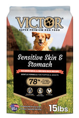 VICTOR Sensitive Skin dog food bag with gluten-free salmon meal and brown rice.