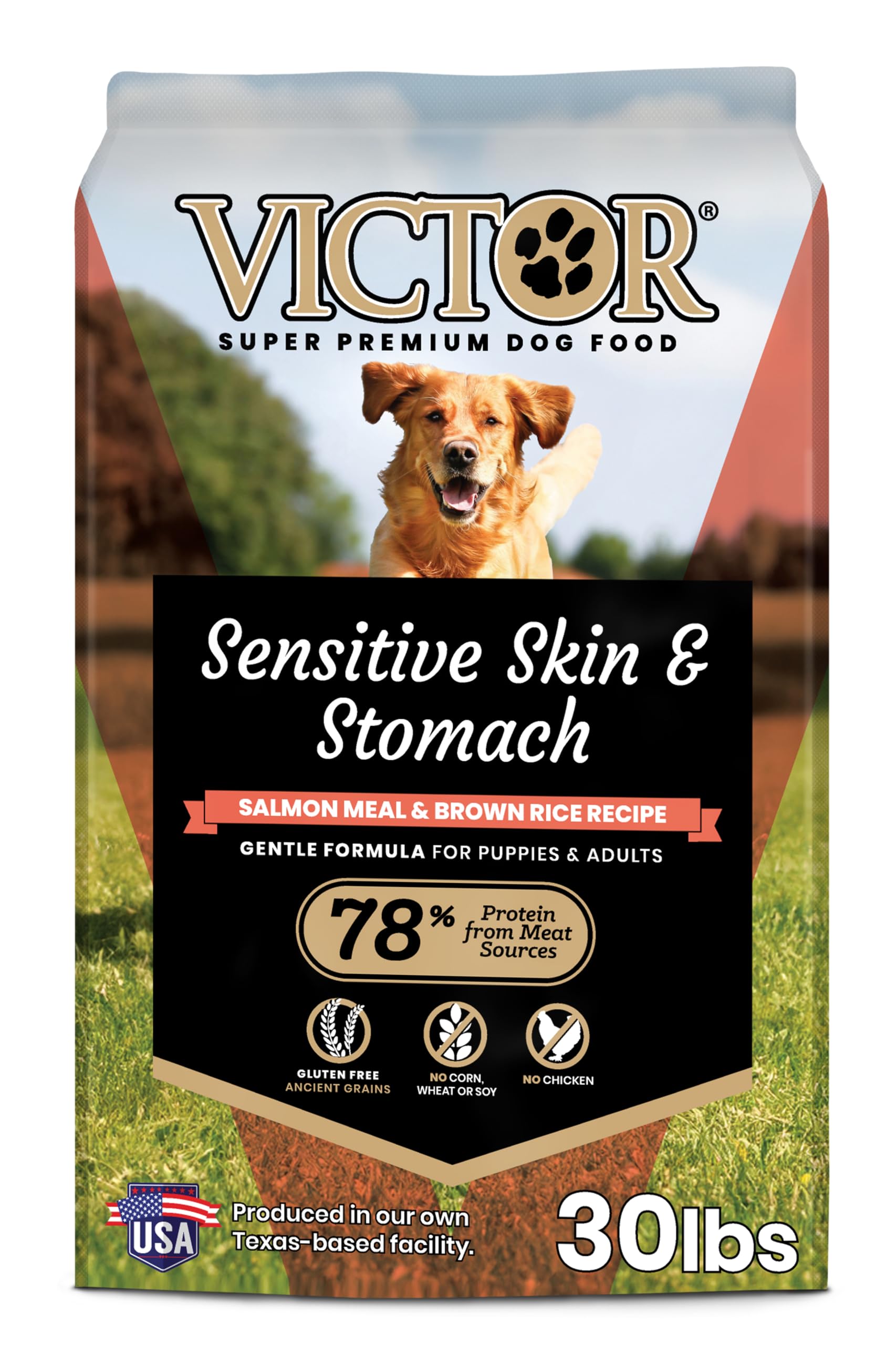 VICTOR Sensitive Skin formula with salmon-first kibble close-up for healthy coat