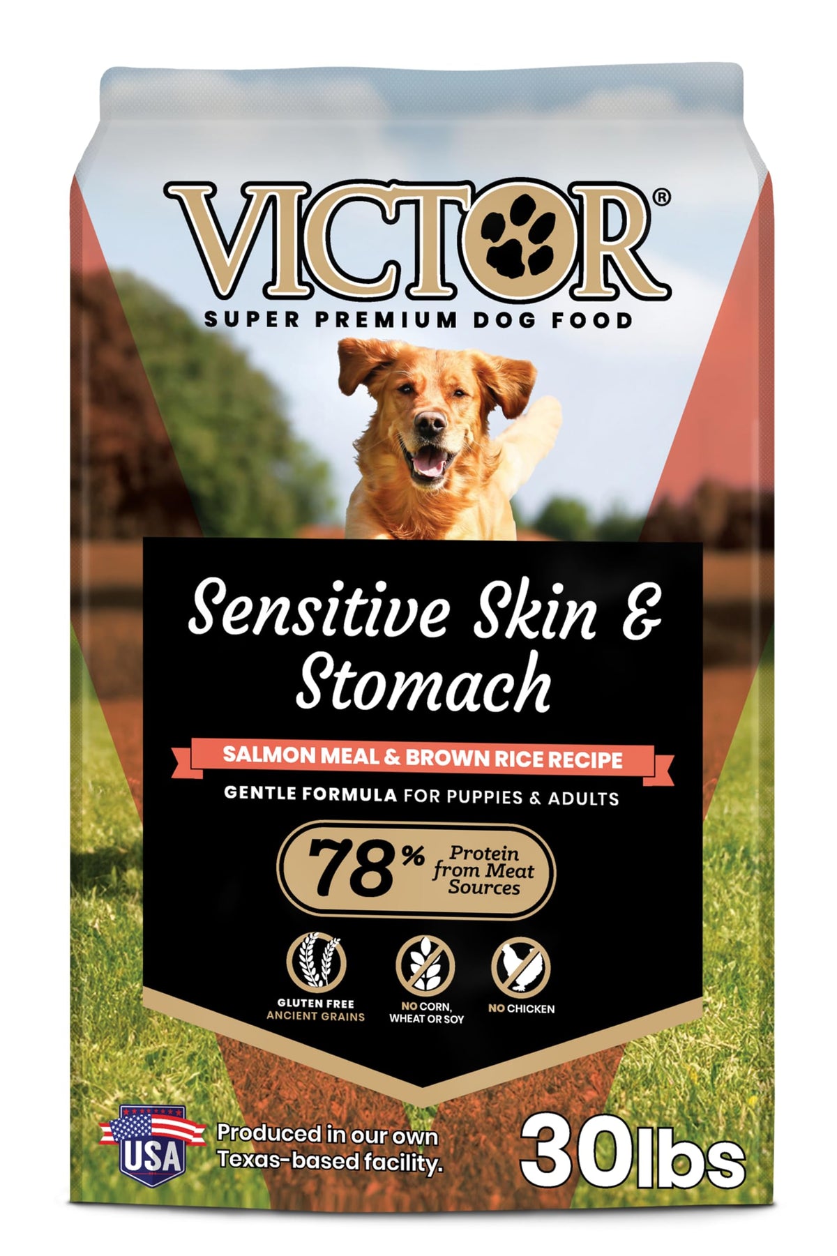 VICTOR Sensitive Skin formula with salmon-first kibble close-up for healthy coat