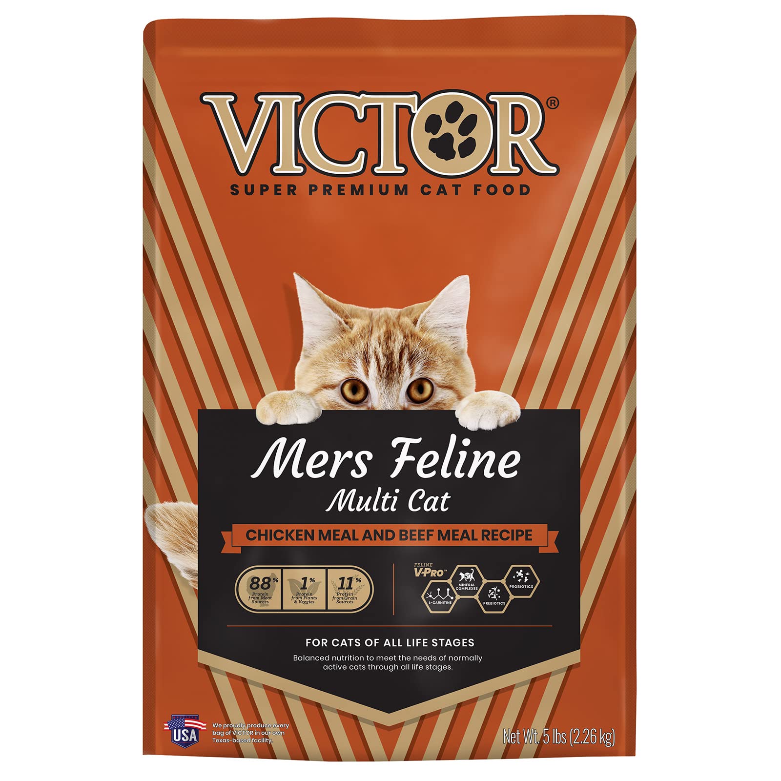 VICTOR Super Premium cat food bag highlighting all life stages nutrition.