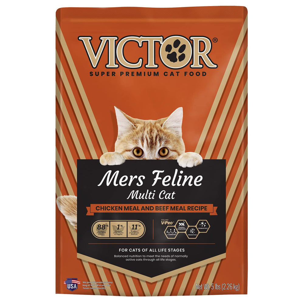 VICTOR Super Premium cat food bag highlighting all life stages nutrition.