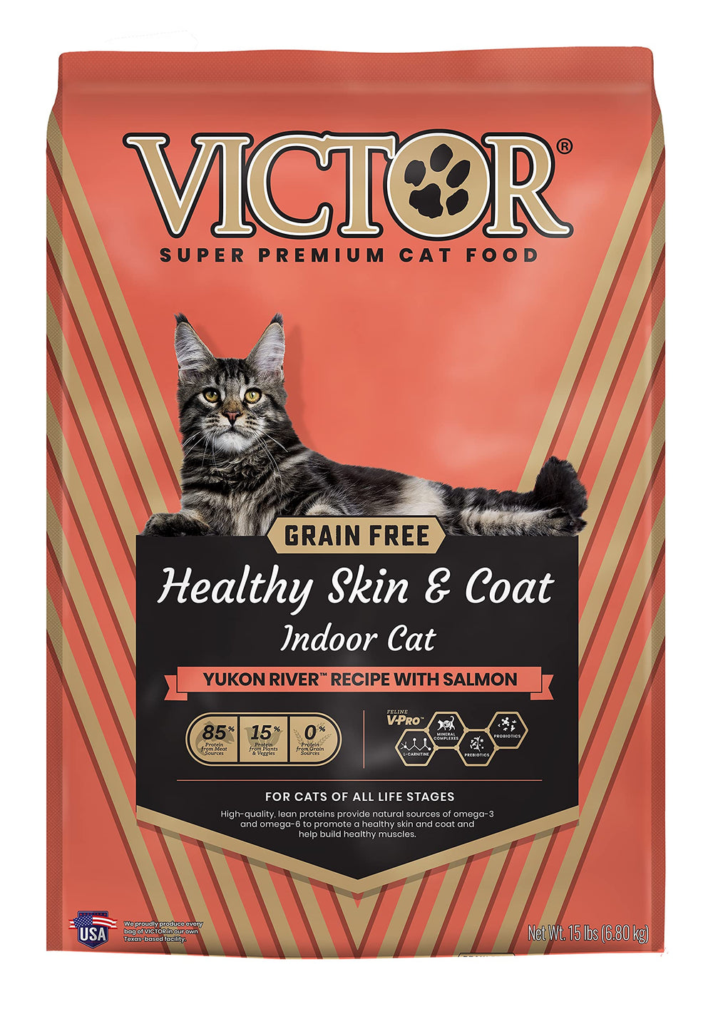 VICTOR super premium cat food bag highlighting grain-free formula for skin health