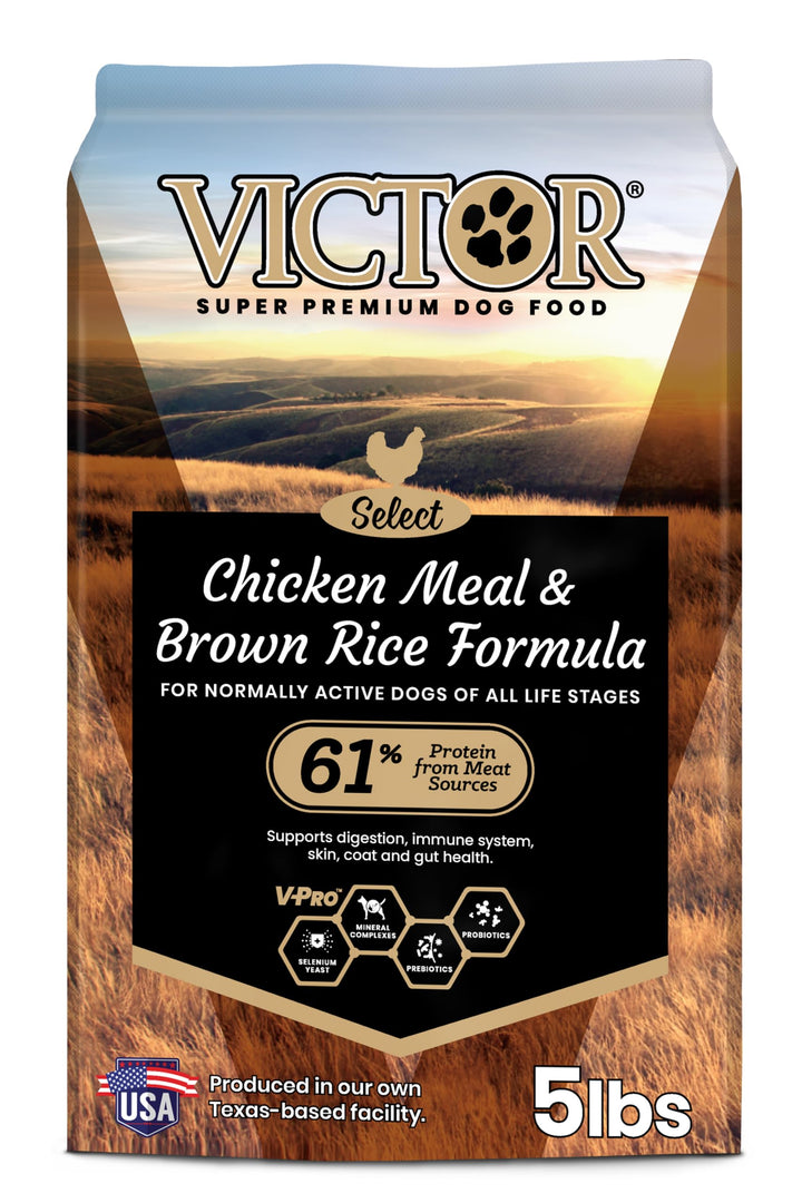 VICTOR Super Premium dog food bag front showing the chicken meal formula for all life stages