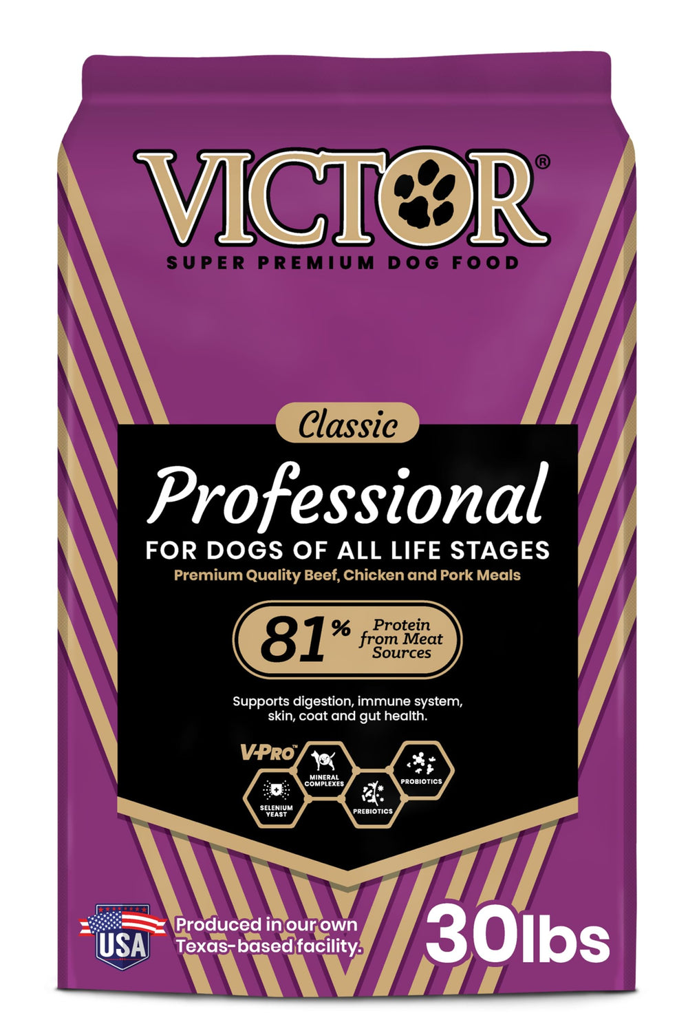 VICTOR Super Premium dog food bag front showing protein-rich blend for active dogs