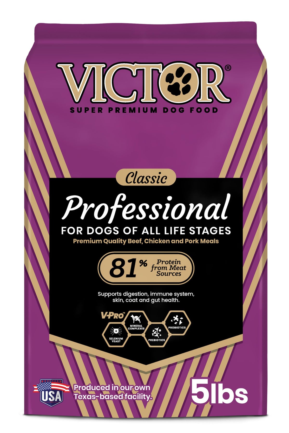 The VI﻿CTOR Super Premium Dog Food bag front highlights all-life-stages nutrition.