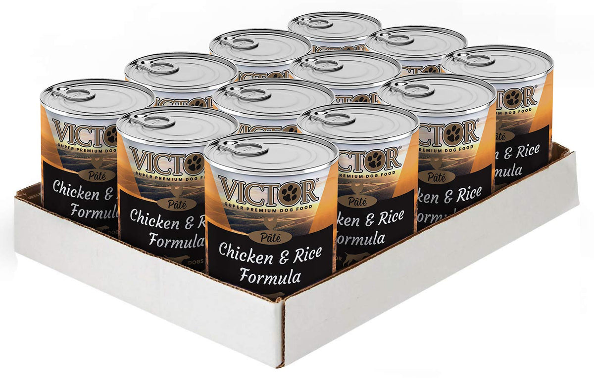 Victor Super Premium Chicken and Brown Rice pâté can shown for easy, balanced dog meals.