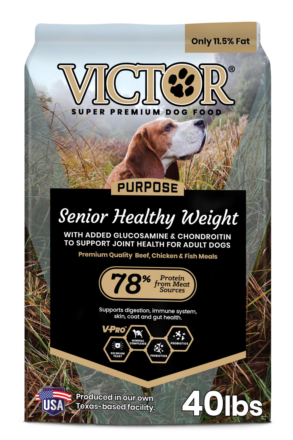 VICTOR super premium dog food front bag shows senior healthy-weight formula for aging dogs.