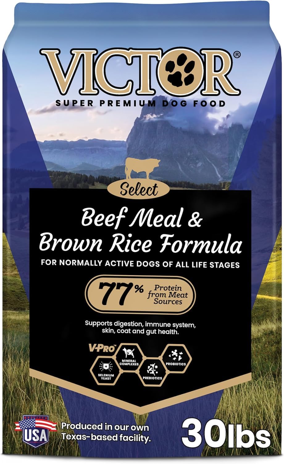 VICTOR Super Premium dog food select beef brown rice bag showing balanced nutrition