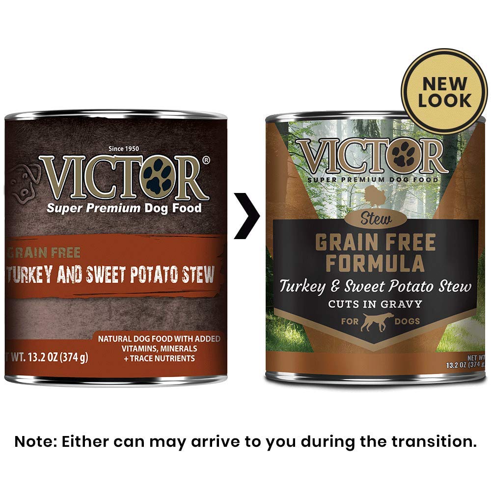 VICTOR Turkey and Sweet Potato Stew in Gravy close-up with hearty gravy and turkey chunks