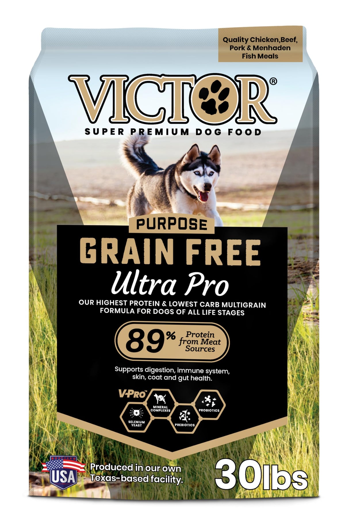VICTOR Ultra Pro grain-free kibble bag for active dogs, promotes sustained energy.