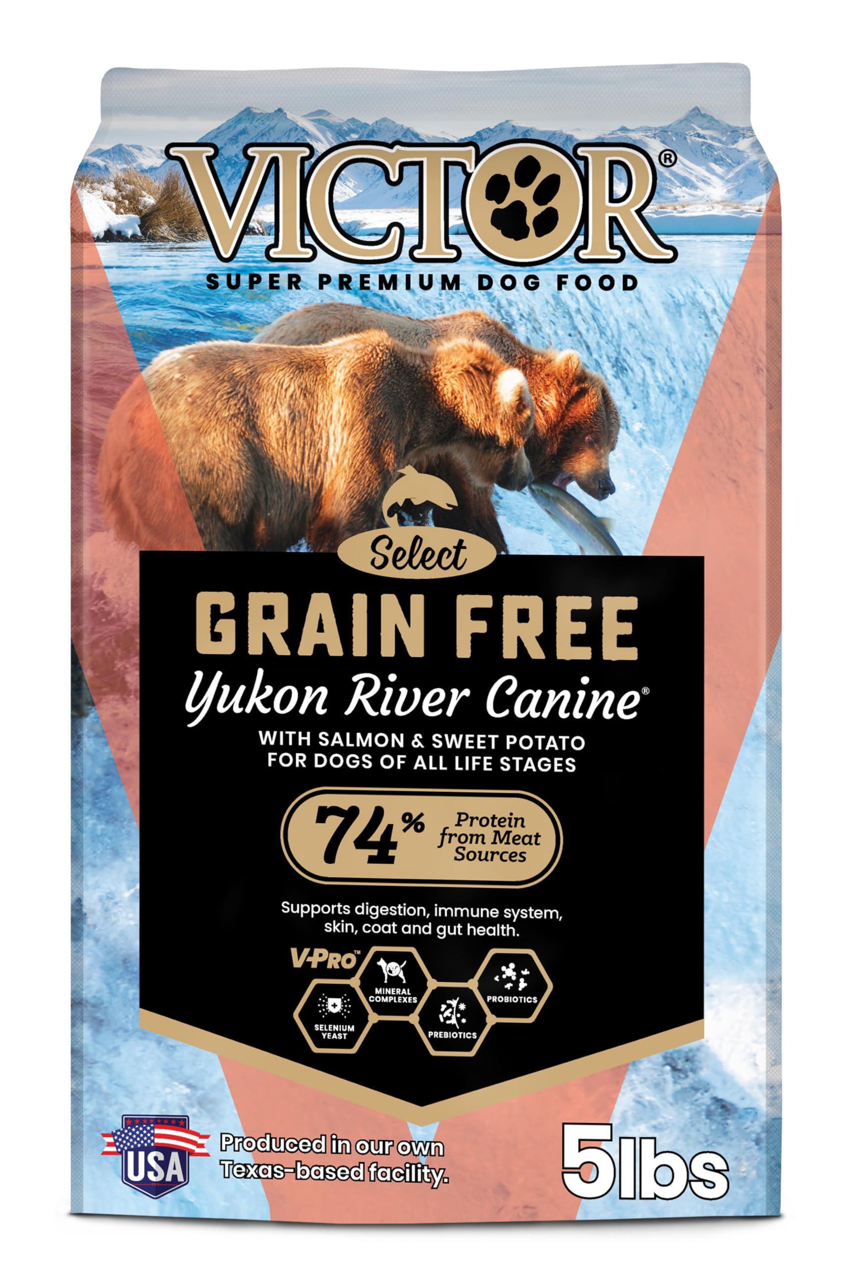 VICTOR Yukon River Canine kibble in a bowl emphasizes grain-free, fish protein for steady energy.