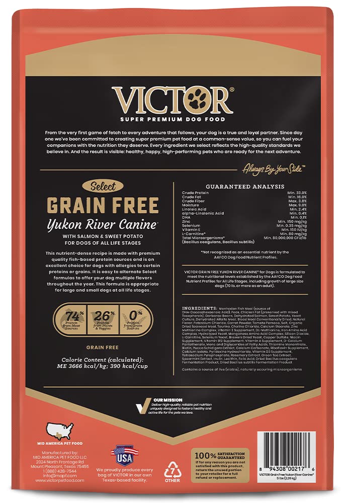 VICTOR Yukon River Canine grain-free formula with sweet potato fiber aids digestion.