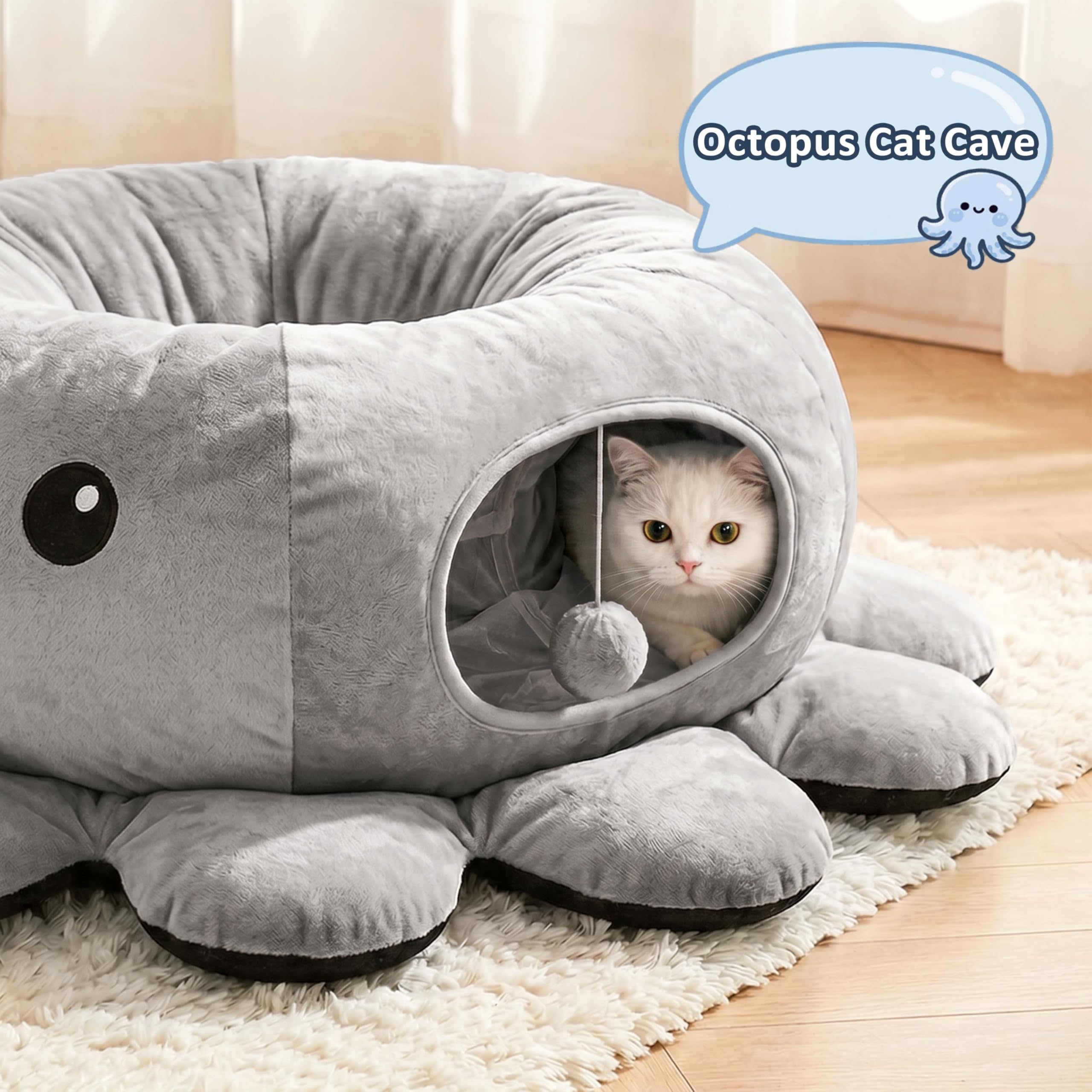 VIEFIN Cat Tunnel Bed entrance with dangling toys for interactive play.