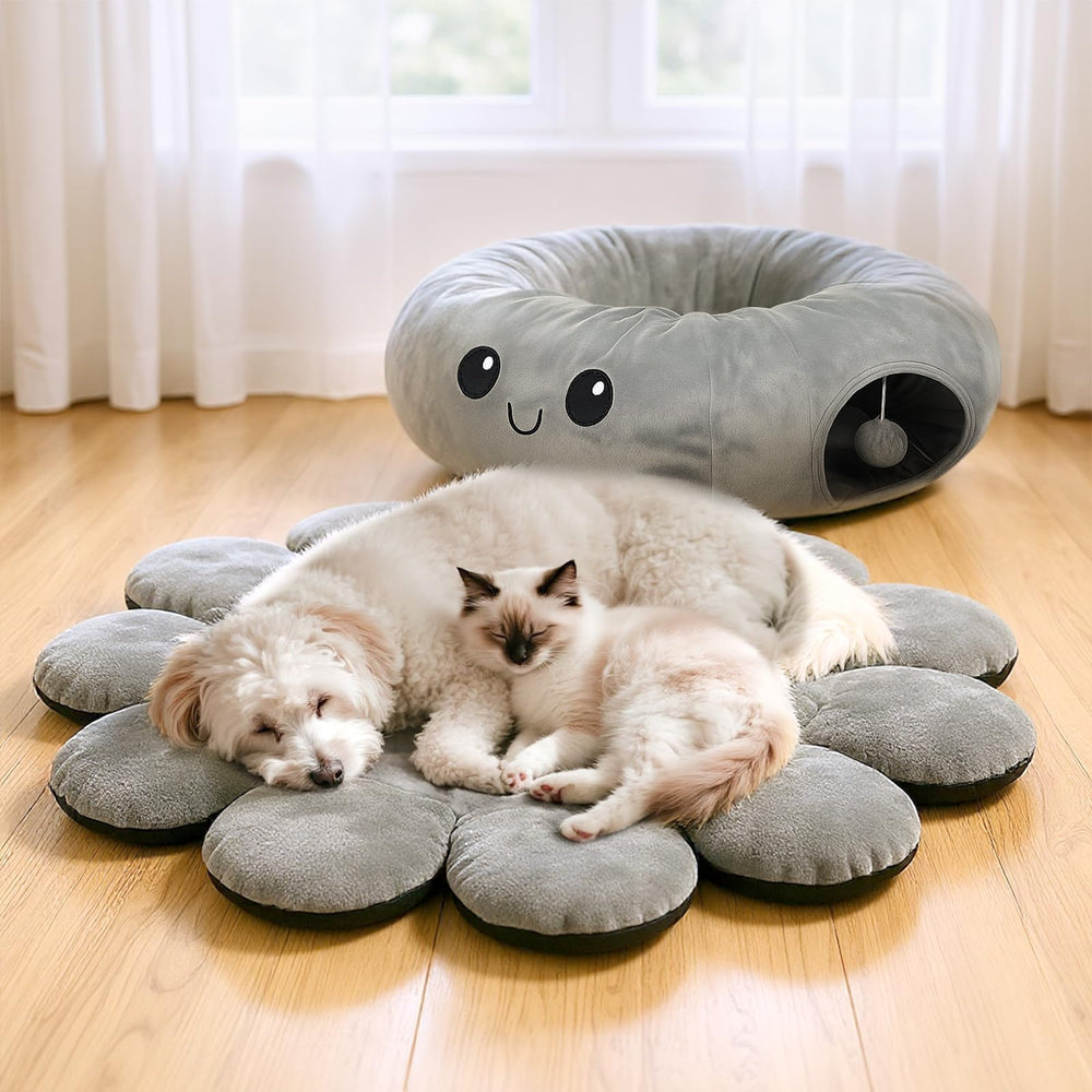 VIEFIN Cat Tunnel Bed gray octopus design adds charm to any corner.