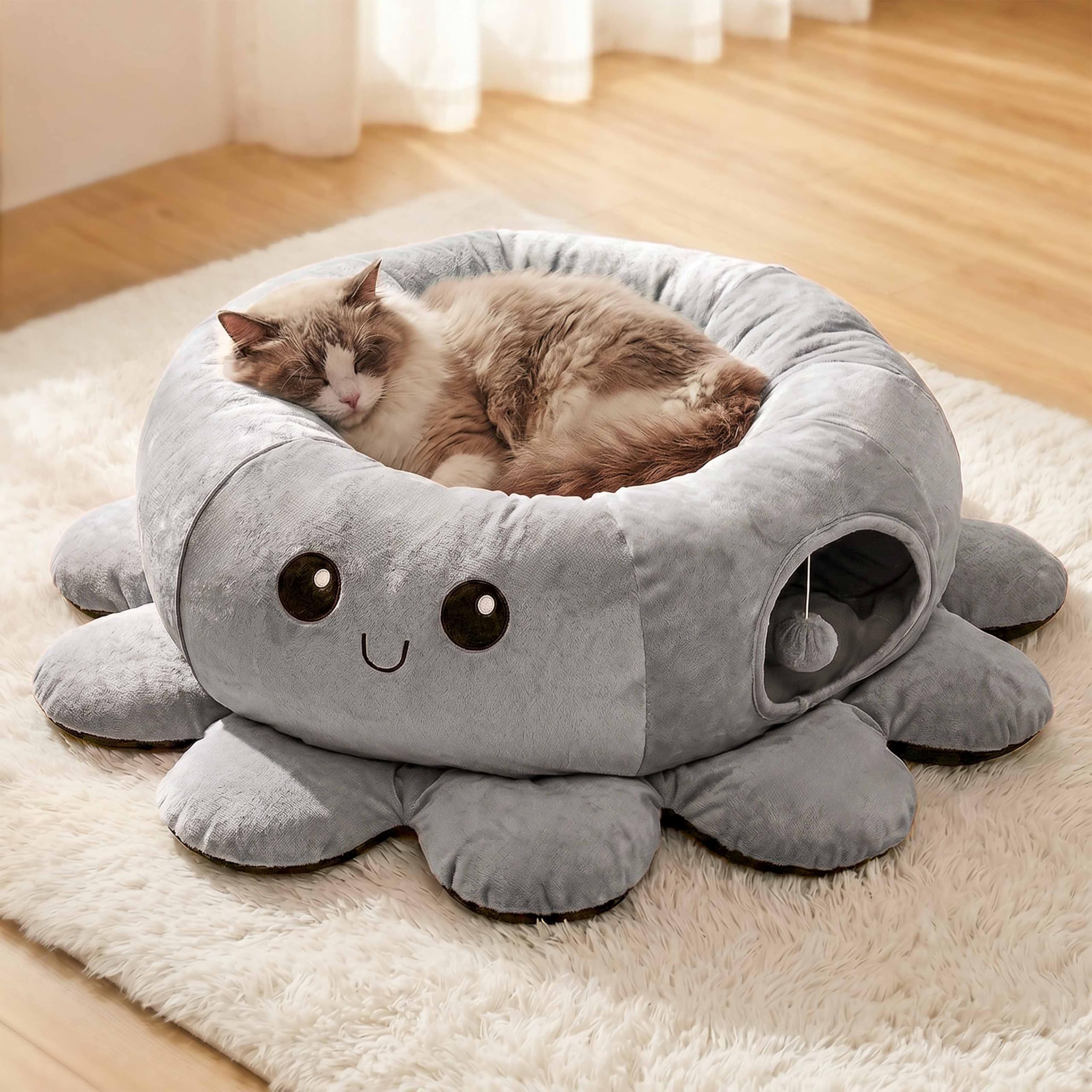 VIEFIN Cat Tunnel Bed soft cushion interior for comfortable naps.