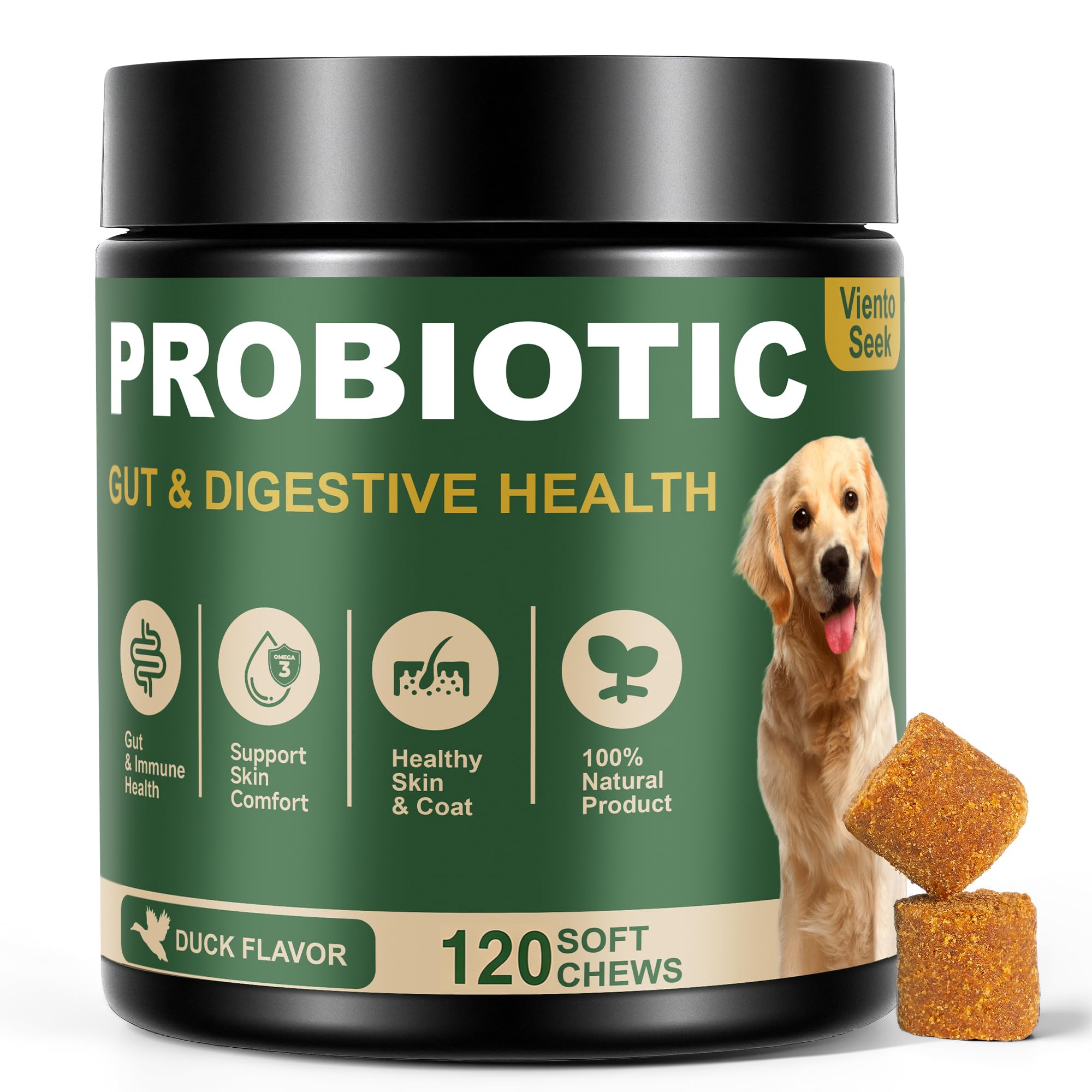 VientoSeek probiotic bottle with duck flavor supports dog gut balance.