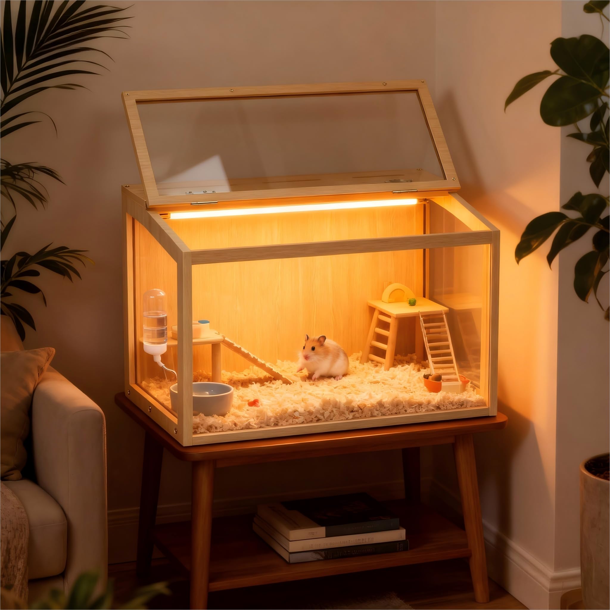 Vilanpaw hamster cage wood design with lockable glass lid for secure housing.