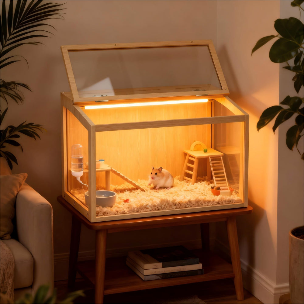 Vilanpaw hamster cage wood design with lockable glass lid for secure housing.