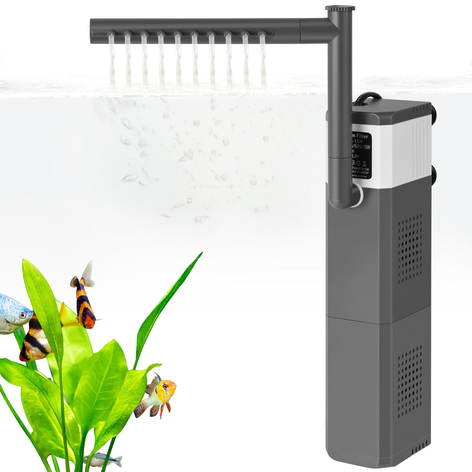 VILLNO aquarium filter with 15W power and 210GPH flow for 25-55 gallon tanks.