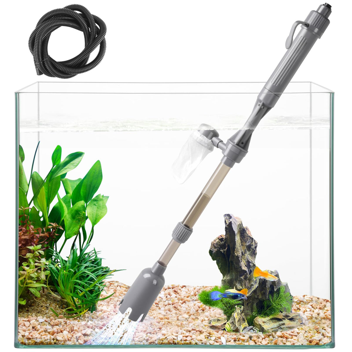 VILLNO aquarium vacuum gravel cleaner showing debris removal for a cleaner tank