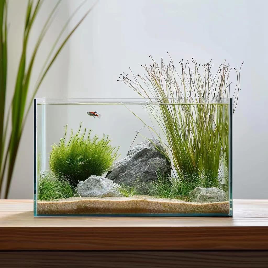 Vimvins 10-gallon glass fish tank front view with frameless design for clear viewing.