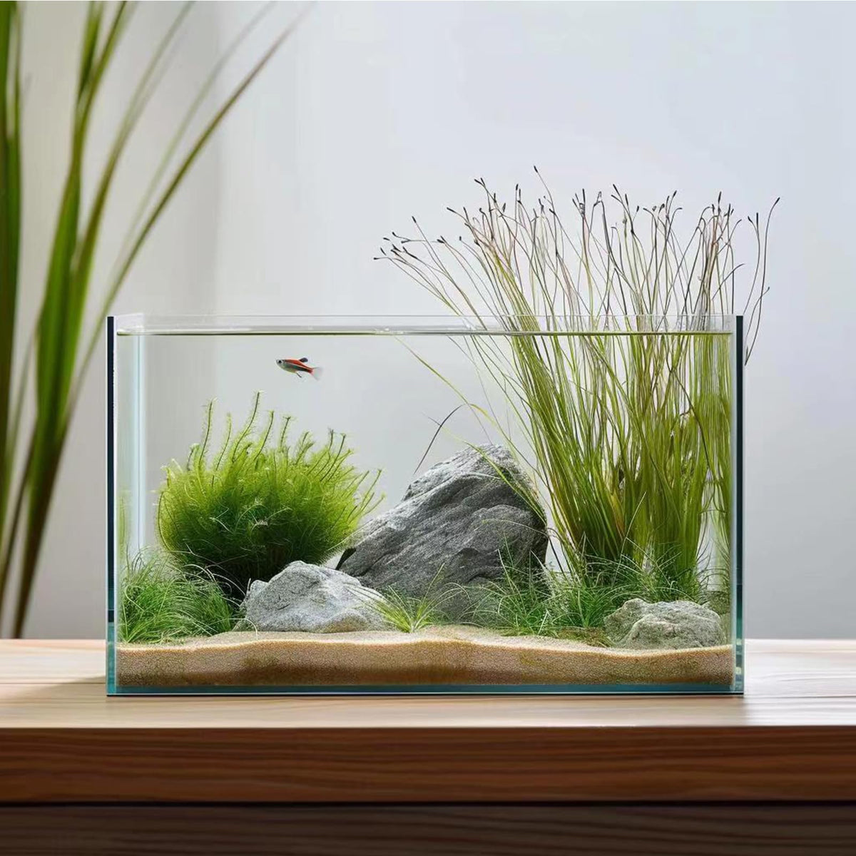 Vimvins 5 gallon frameless tank front view with crystal clarity for vibrant aquascapes