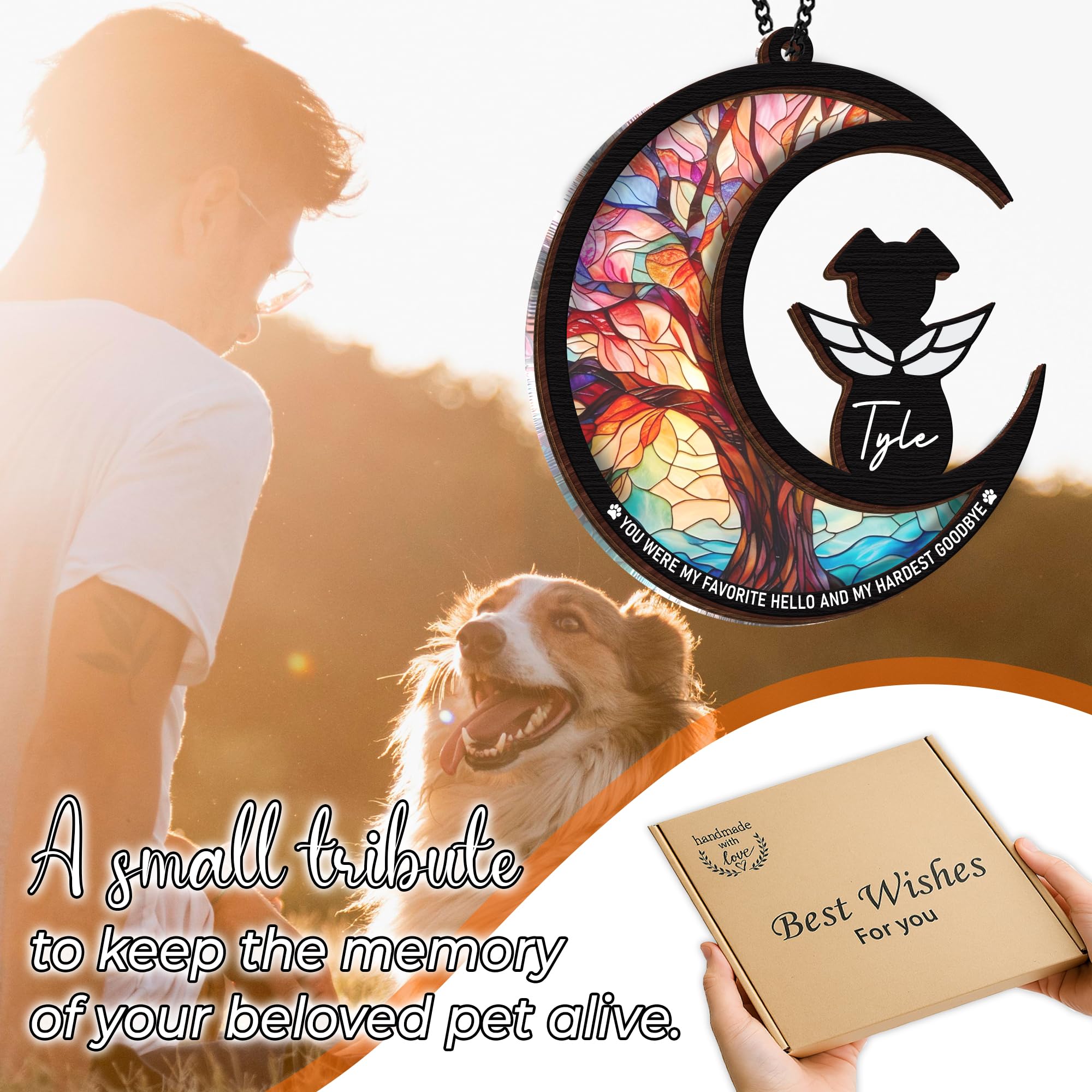 Vinatimes window or car display of the dog memorial suncatcher with chain and suction cup.