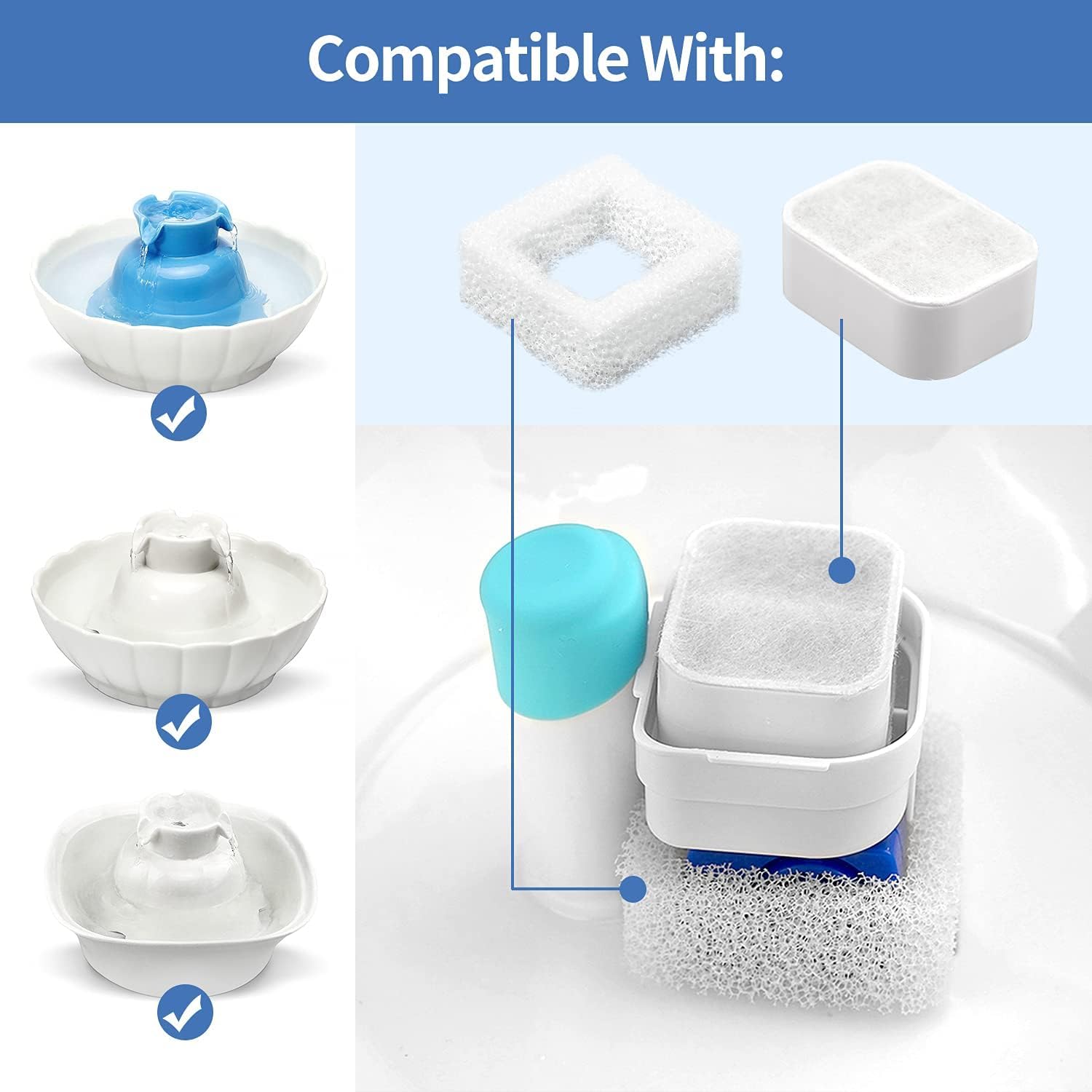 VinDox foam filters for ceramic fountain trap hair and debris.