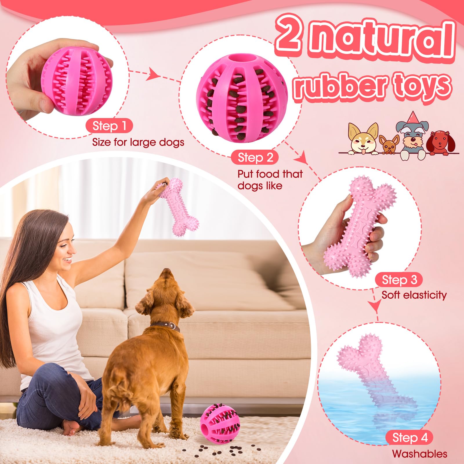 Vinsot bone chewing toy pink with soft spikes for gum massage.