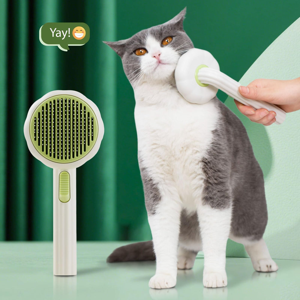 VIOJOJO self-cleaning brush showing one-click cleaning feature for easy fur removal.