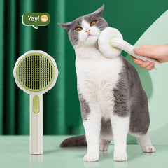 VIOJOJO self-cleaning brush showing one-click cleaning feature for easy fur removal.