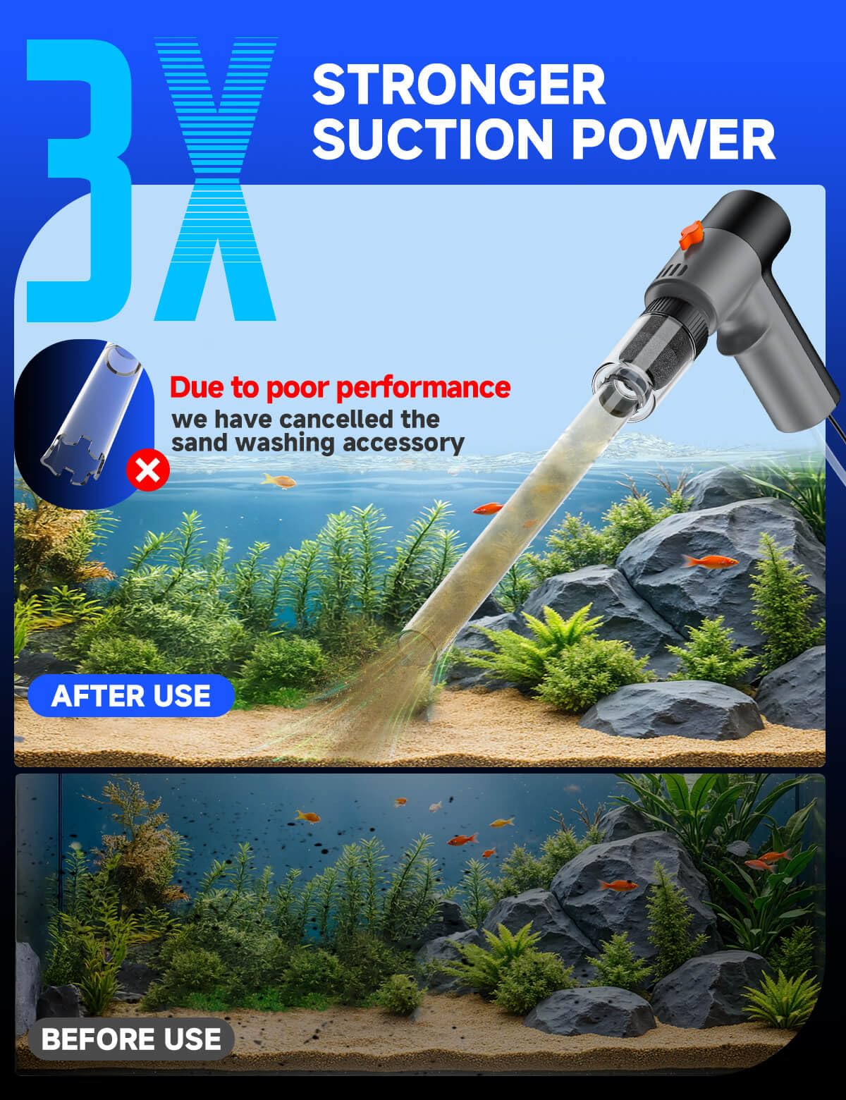 Vipask 3-mode suction settings shown for versatile gravel cleaning