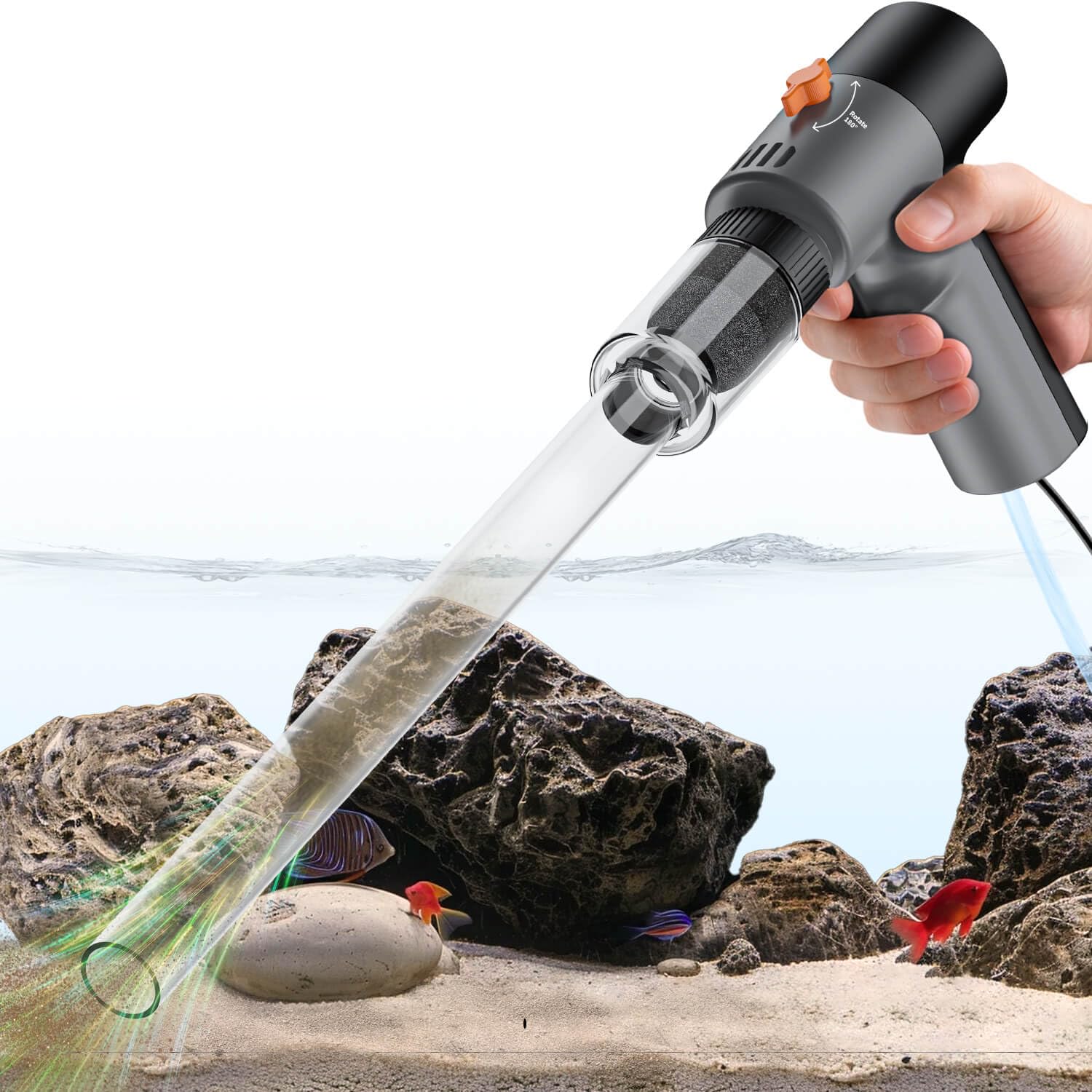 Vipask electric aquarium gravel cleaner kit demonstrating strong suction for debris removal