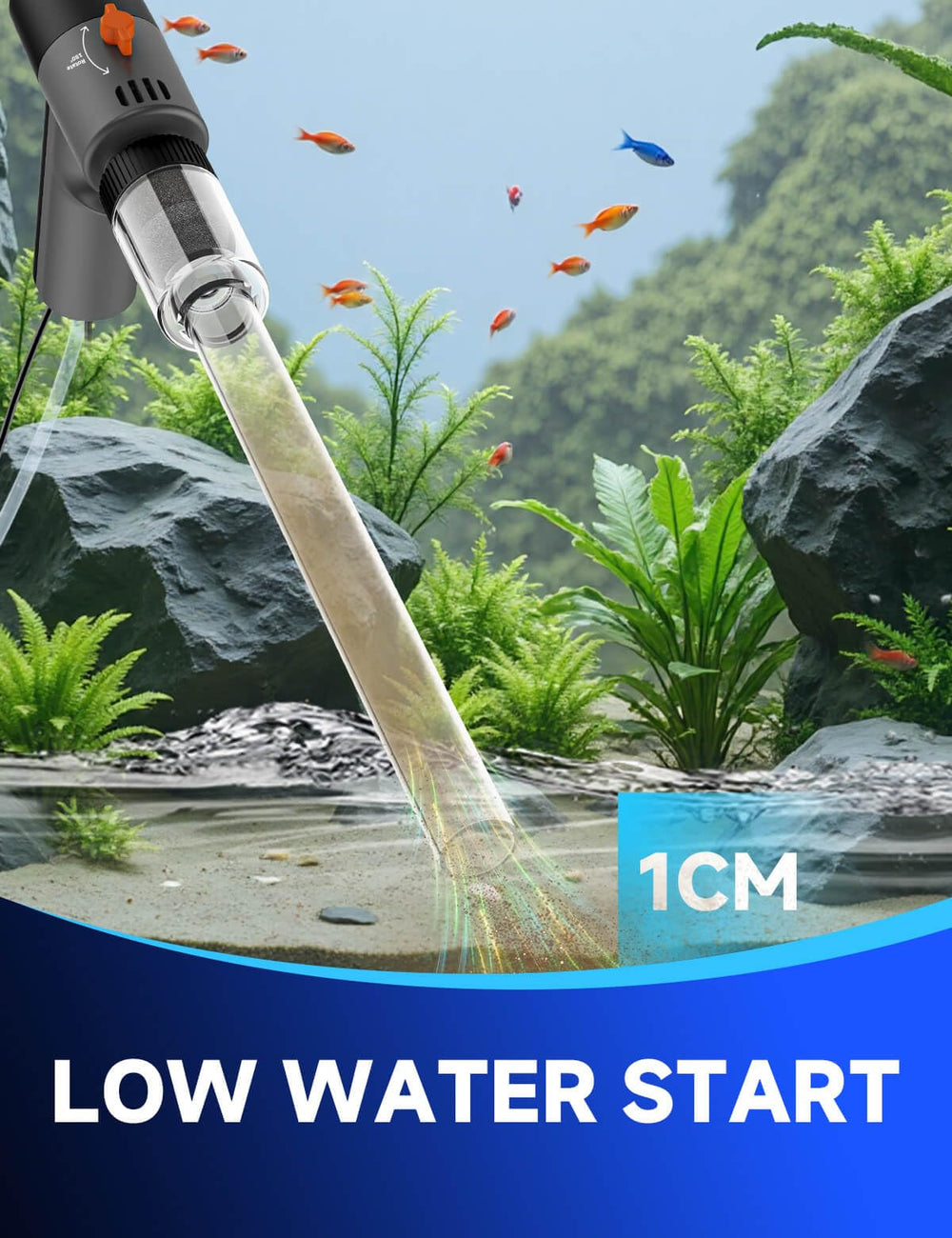 Integrated water changer function supports controlled tank drainage.