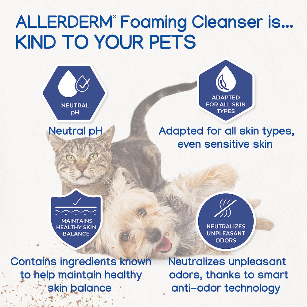 Allerderm dog shampoo foam massaged into coat for deodorizing clean