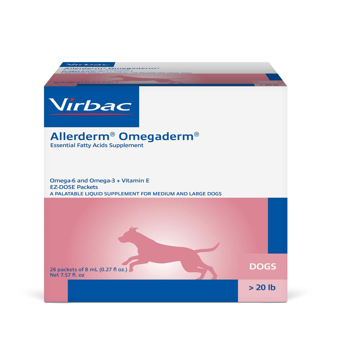 Virbac ALLERDERM OMEGADERM bottle demonstrates easy daily skin support for dogs.