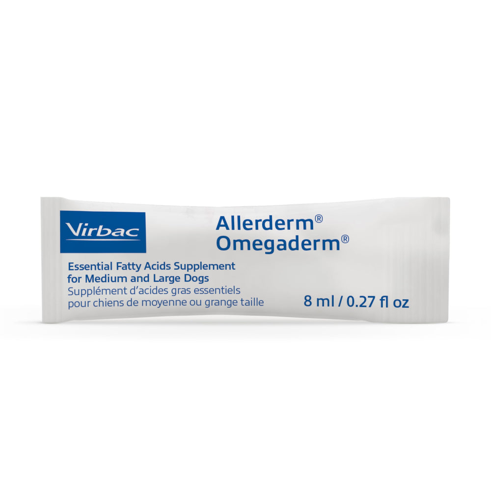 ALLERDERM OMEGADERM EZ-dose packets shown for mess-free, precise dosing.