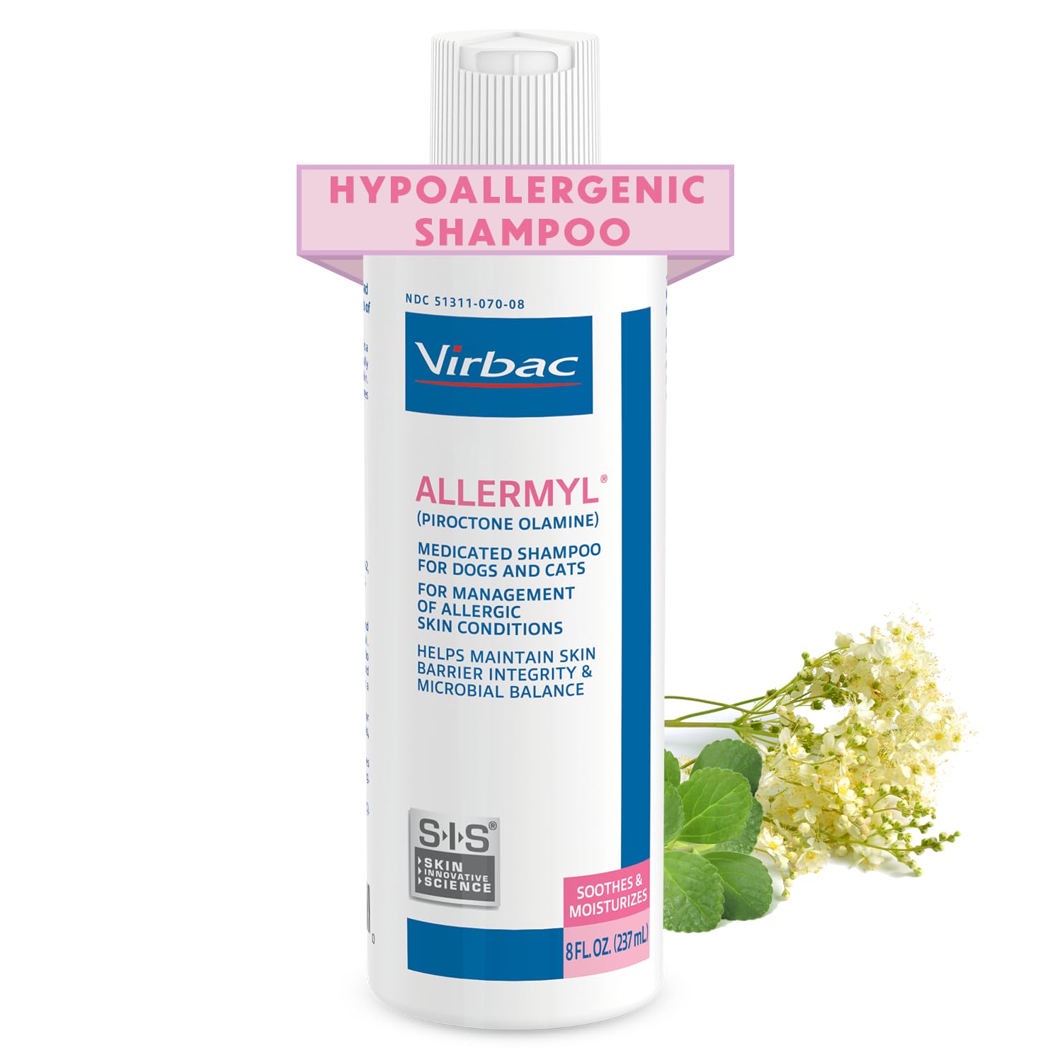 Virbac Allermyl shampoo bottle pour demonstrates gentle cleansing for sensitive pets.
