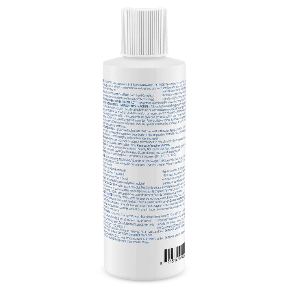 Virbac Allermyl shampoo for cats supports moisturized fur and calmer skin.