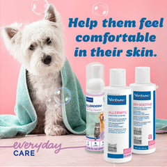 Virbac Allermyl shampoo label closeup highlights fragrance-free formula.