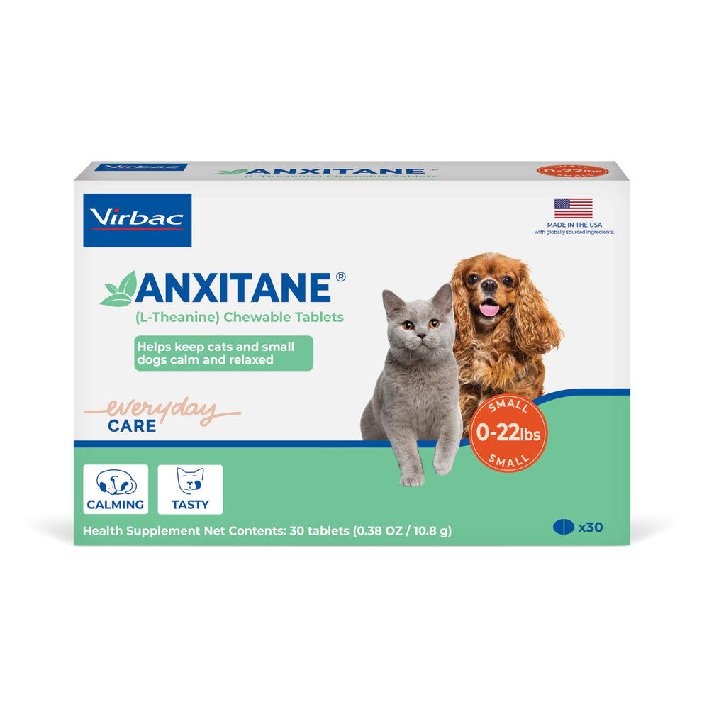 Virbac ANXITANE bottle front with chicken-flavored chewables to support pet calm during stress