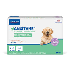 Virbac ANXITANE bottle-front view, chicken-flavored chews to support calmness during grooming and travel.
